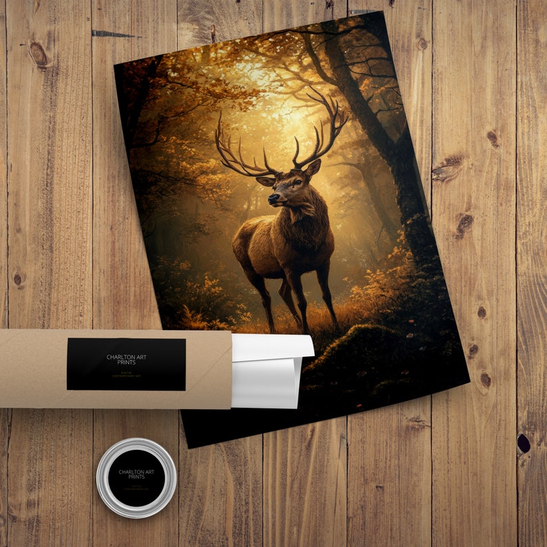 May include: A large, brown stag with a large rack of antlers stands in a forest setting. The stag is looking to the left of the image. The forest is filled with golden light, creating a warm and inviting atmosphere.