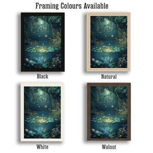May include: Art prints in various frame colours: black, natural, white, and walnut. The artwork depicts a tranquil pond with lily pads, illuminated by soft lights, and framed by foliage. Text at the top says "Framing Colours Available."