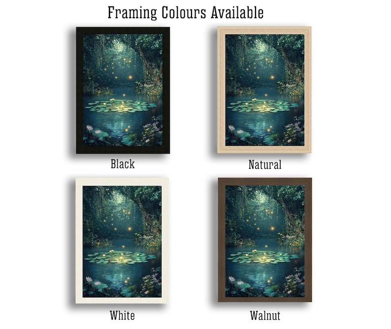 May include: Art prints in various frame colours: black, natural, white, and walnut. The artwork depicts a tranquil pond with lily pads, illuminated by soft lights, and framed by foliage. Text at the top says "Framing Colours Available."