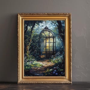 May include: A framed painting of a wrought iron gazebo in a lush green forest. The gazebo has a glass roof and a wooden bench inside. The path leading to the gazebo is made of stone and is surrounded by flowers.