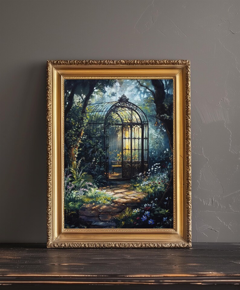 May include: A framed painting of a wrought iron gazebo in a lush green forest. The gazebo has a glass roof and a wooden bench inside. The path leading to the gazebo is made of stone and is surrounded by flowers.