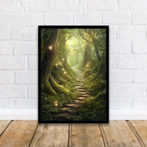 May include: A winding path through a lush green forest with glowing lights, creating a magical and enchanting atmosphere.