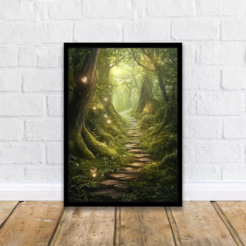 May include: A winding path through a lush green forest with glowing lights, creating a magical and enchanting atmosphere.