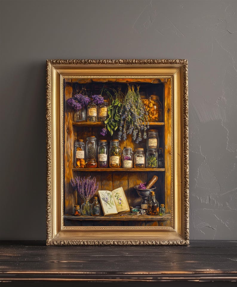 K&ouml;nnte beinhalten: Ein gerahmtes Kunstwerk, das ein Holzregal mit Apothekergl&auml;sern, getrockneten Kr&auml;utern und Lavendel zeigt. Das Kunstwerk hat einen goldenen Rahmen und ist vor einem dunklen Hintergrund platziert. Ein M&ouml;rser und St&ouml;&szlig;el sind sichtbar.