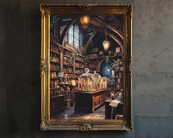 May include: A framed print depicting a detailed interior scene of a library or apothecary. The artwork features wooden bookshelves filled with books, a central table with glass cloches, and warm lighting from lamps and windows. The frame is ornate and gold.