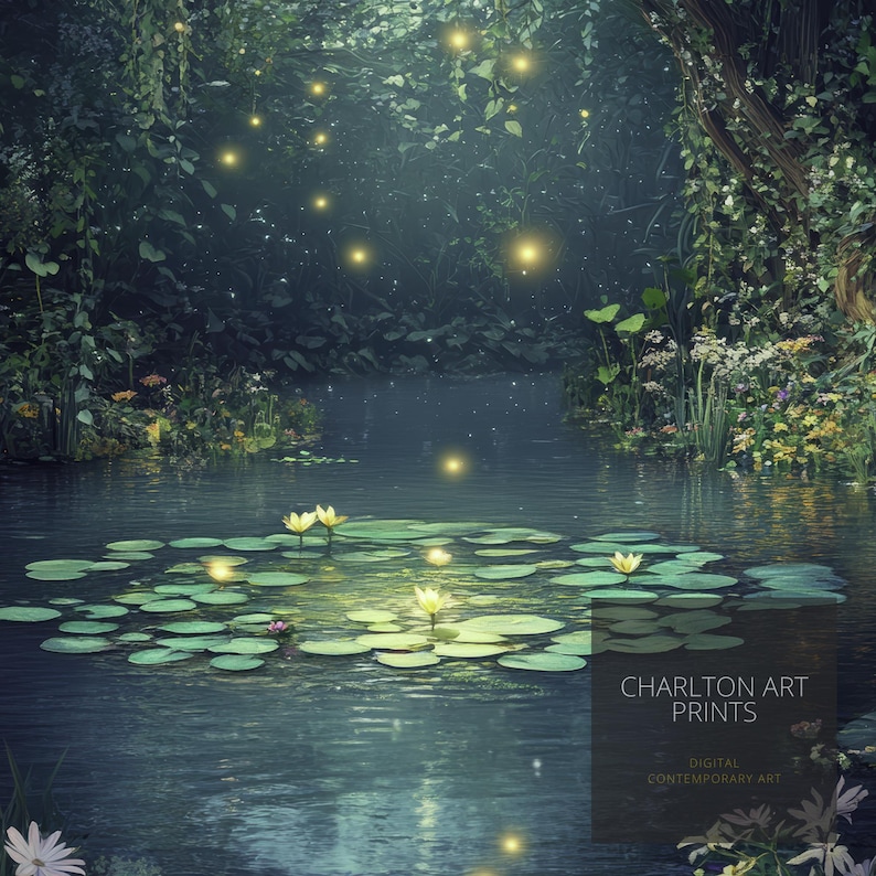 May include: A digital art print depicting a tranquil pond scene with lily pads and water lilies. The image is framed by dense foliage and illuminated by glowing lights, evoking a magical ambiance. The text "CHARLTON ART PRINTS" and "DIGITAL CONTEMPORARY ART" is visible.
