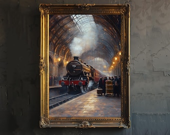 May include: A framed painting of a steam train pulling into a station. The train is black and red with smoke coming from the chimney. People are waiting on the platform. The painting is set in a realistic style.