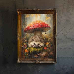 Igel unter Pilz Poster Cottagecore Dekor Dark Academia Art Verzauberte Illustration Vintage Woodland Wandkunst Rustikal Ästhetik