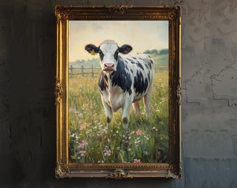 May include: An oil painting of a cow in a field of wildflowers, framed in an ornate gold frame. The cow is black and white, standing in a meadow with a wooden fence in the background. The artwork has a pastoral theme.
