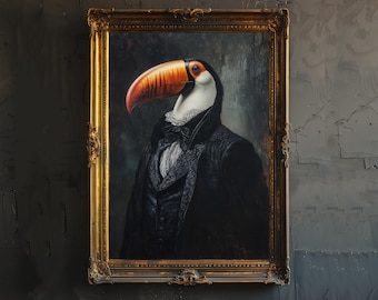 May include: A framed painting of a toucan wearing a black suit and white shirt with a black bow tie. The toucan has a bright orange and black beak and white feathers.