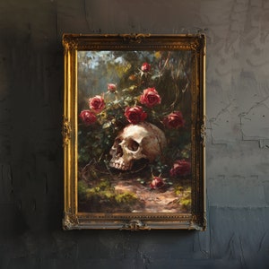 Totenkopf und Rosen Poster Dark Academia Art Gothic Dekor Antike Illustration Vintage Blumenwandkunst Rustikale Ästhetik für Gothic-Liebhaber