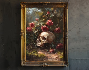 Puede incluir: Una pintura al óleo enmarcada que representa una calavera humana rodeada de rosas rojas en un entorno verde exuberante. La calavera está colocada en el centro de la pintura, con las rosas floreciendo a su alrededor. La pintura está situada sobre un fondo oscuro, creando una escena dramática y evocadora.