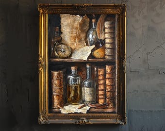 May include: A framed painting of a bookshelf with antique books, bottles, a compass, and parchment. The frame is ornate gold. The books are bound in brown leather. The bottles are clear glass with cork stoppers. A feather quill and inkwell are also visible.