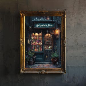 May include: A painting depicting a shop front with a sign that reads "Alchemist's Aisle". The shop has a large window display filled with bottles of colourful liquids. There are plants and pots outside the store.
