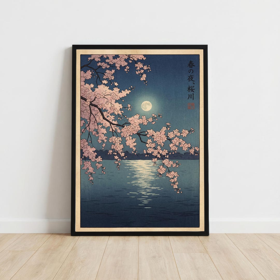 Japanese Cherry Blossom Moon Art Print, Ukiyoe Style Sakura Night Scene ...