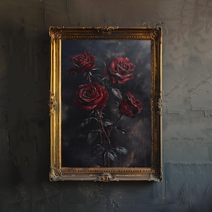 Póster de rosas marchitas, decoración cottagecore, arte de la academia oscura, ilustración floral encantada, arte de pared de naturaleza vintage, estética rústica