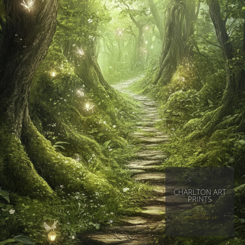 May include: A stone path winds through a lush green forest, illuminated by glowing lights. The path leads to a clearing with a sign that reads "CHARLTON ART PRINTS - DESIGN & CONTEMPORARY ART".