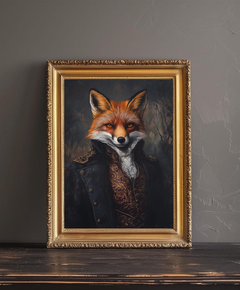 K&ouml;nnte beinhalten: Ein gerahmtes Portr&auml;t eines Fuchses, der eine schwarze Jacke mit goldenen Stickereien und eine wei&szlig;e Krawatte tr&auml;gt. Der Fuchs hat einen ernsten Ausdruck und ist vor einem dunklen Hintergrund platziert.
