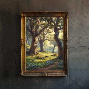 May include: A framed oil painting depicting a sunlit woodland scene with a path leading through the trees. The trees are thick with green leaves and the ground is covered in a carpet of blue wildflowers.