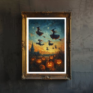 May include: A framed painting of a whimsical Halloween scene with five witches flying on broomsticks over a field of glowing jack-o'-lanterns. The sky is a vibrant orange and purple with stars twinkling.