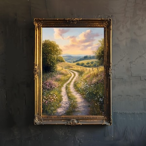 Póster de camino rural sinuoso, decoración cottagecore, arte de la academia oscura, ilustración de paisaje encantado, arte de pared de naturaleza vintage, estética rústica