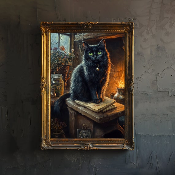 Witch's Cat Poster Dark Academia Art Witchy Decor Gothic Home Decor Antique Cat Illustration Vintage Poster Rustic Vintage Wall Art