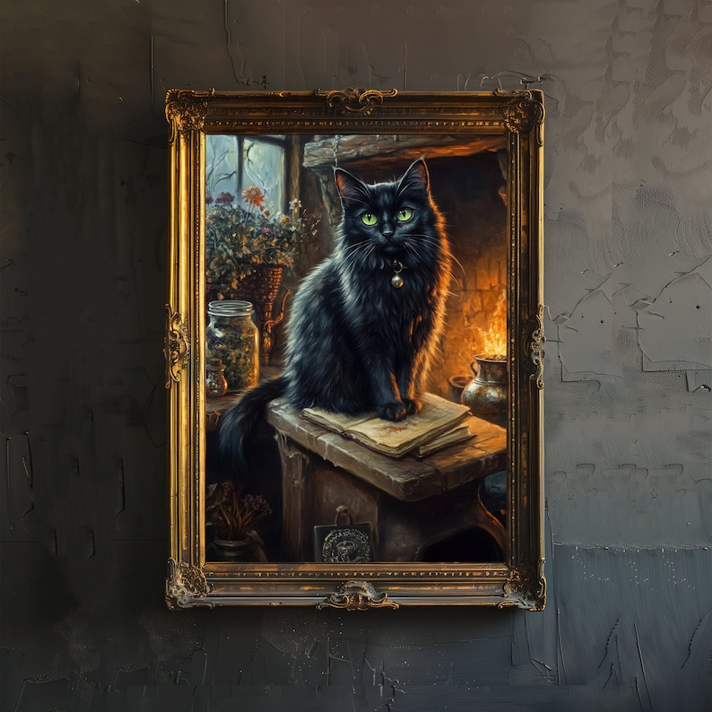 May include: A framed painting of a black cat with green eyes, wearing a bell collar, sitting on a wooden surface with an open book. The painting has a gold ornate frame and depicts a cozy interior scene with a fireplace and flowers.