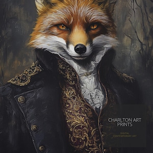 K&ouml;nnte beinhalten: Ein Gem&auml;lde eines Fuchses, der eine schwarze Jacke mit goldener Stickerei und eine wei&szlig;e Krawatte tr&auml;gt. Der Fuchs hat einen verschmitzten Ausdruck und durchdringende orangefarbene Augen. Der Hintergrund ist dunkel und strukturiert. Der Text "CHARLTON ART PRINTS" und "DIGITAL CONTEMPORARY ART" ist in der rechten unteren Ecke sichtbar.