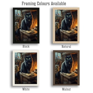 May include: Framed art print featuring a black cat with green eyes, sitting atop a stack of books. The cat wears a bell collar. The print is available in black, natural, white, and walnut frames. Text at the top reads "Framing Colours Available."