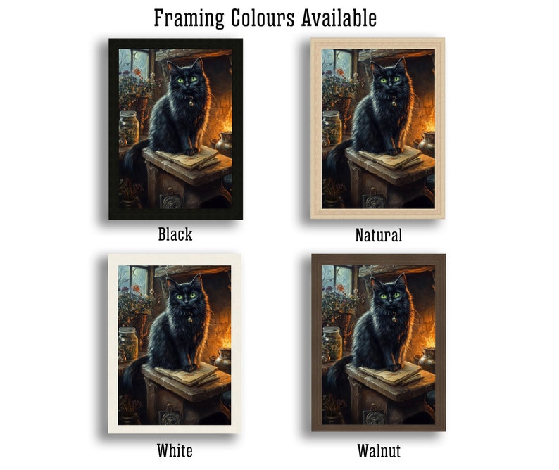 May include: Framed art print featuring a black cat with green eyes, sitting atop a stack of books. The cat wears a bell collar. The print is available in black, natural, white, and walnut frames. Text at the top reads "Framing Colours Available."