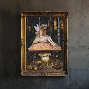 Fairy on a Mushroom Art Print Cottagecore & Dark Academia Decor Whimsical Woodland Wall Art Vintage Nature Poster for Enchanted Interiors