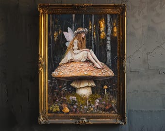 Fairy on a Mushroom Art Print Cottagecore & Dark Academia Decor Whimsical Woodland Wall Art Vintage Nature Poster for Enchanted Interiors