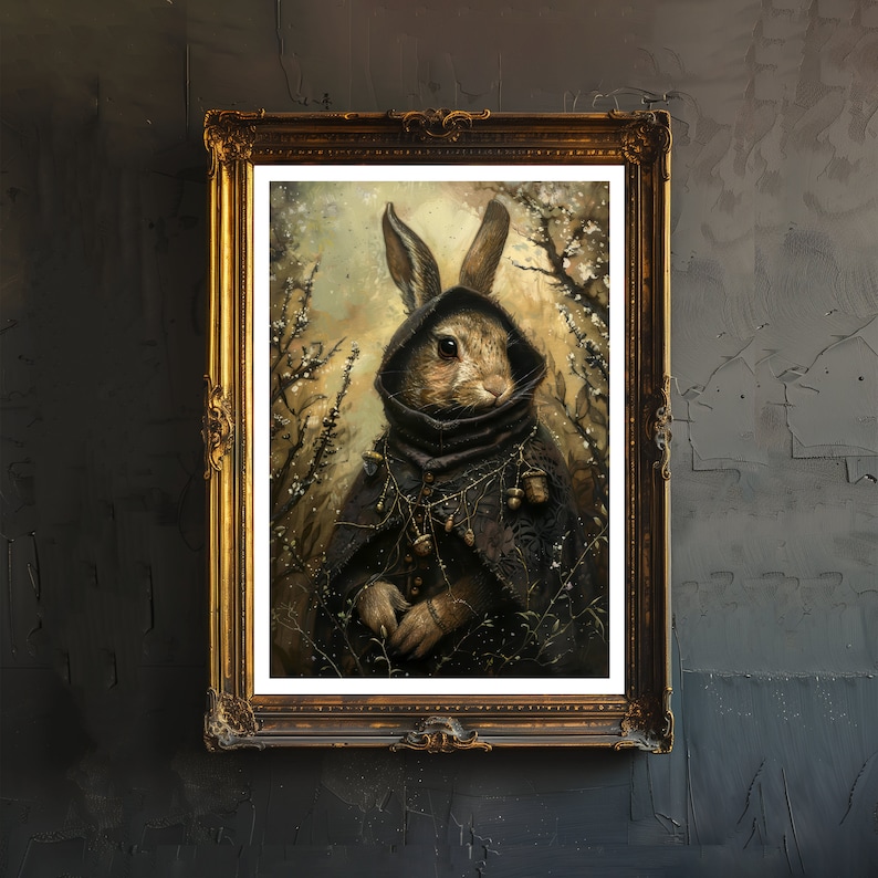 May include: A framed painting of a rabbit wearing a dark hooded cloak, standing in a forest setting with a background of trees and foliage.