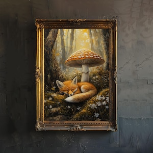 Fuchs schläft unter Pilz Cottagecore Dekor Dark Academia Art Verzaubert Wald Illustration Vintage Natur Wand Kunst Rustikal