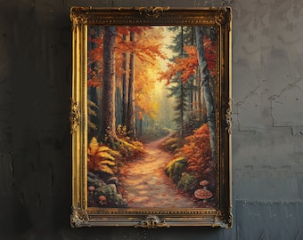 Könnte beinhalten: Ein gerahmtes Gemälde eines Waldweges im Herbst. Der Weg schlängelt sich durch die Bäume, die in roten, orangefarbenen und gelben Blättern brennen. Das Sonnenlicht filtert durch die Bäume und erzeugt eine warme und einladende Atmosphäre.