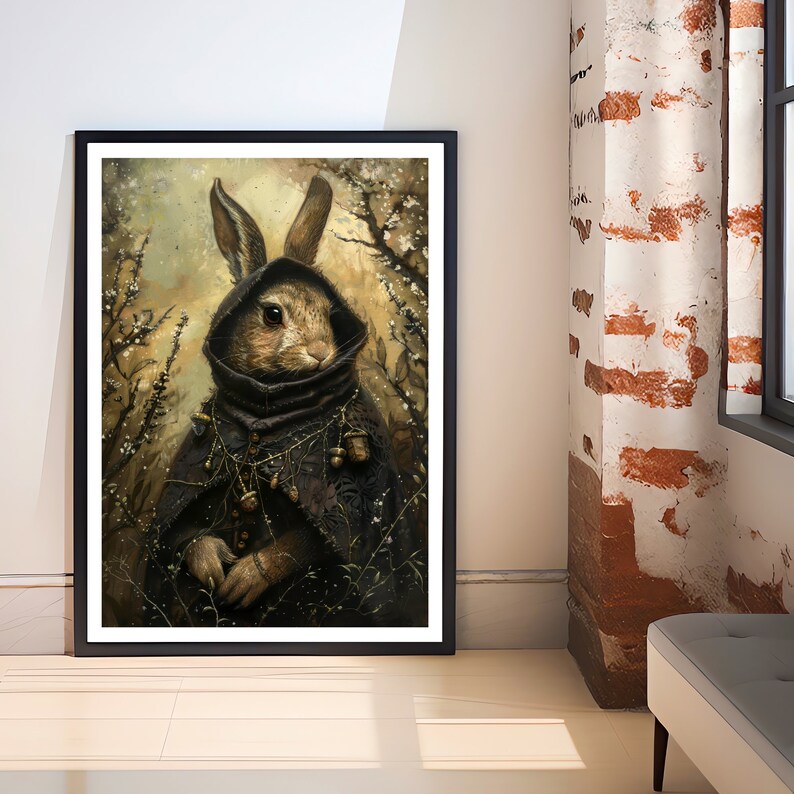 May include: A painting of a rabbit wearing a dark hooded cloak with a golden chain and acorns hanging from it. The rabbit is surrounded by a forest setting with a soft, golden light.