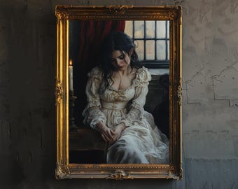 May include: A painting of a woman in a white dress with lace details, sitting in a dimly lit room. She has long dark hair and is looking down. A lit candle is in the background.