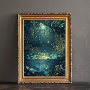 May include: A framed art print showing a tranquil pond scene. The artwork features lily pads, white flowers, and glowing orbs, set within a lush, green, forested environment. The frame is gold-coloured with ornate detailing.