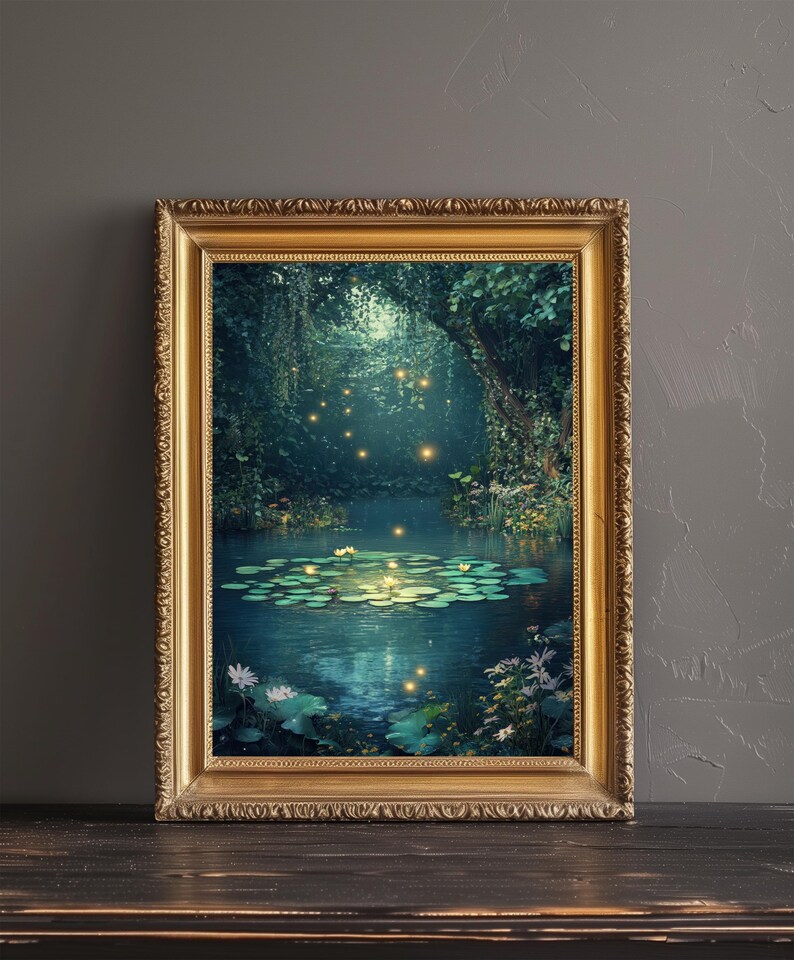 May include: A framed art print showing a tranquil pond scene. The artwork features lily pads, white flowers, and glowing orbs, set within a lush, green, forested environment. The frame is gold-coloured with ornate detailing.