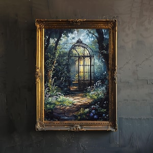 May include: A framed painting of a wrought iron greenhouse with a stone path leading to it. The greenhouse is surrounded by lush greenery and flowers. The painting is set against a dark gray background.