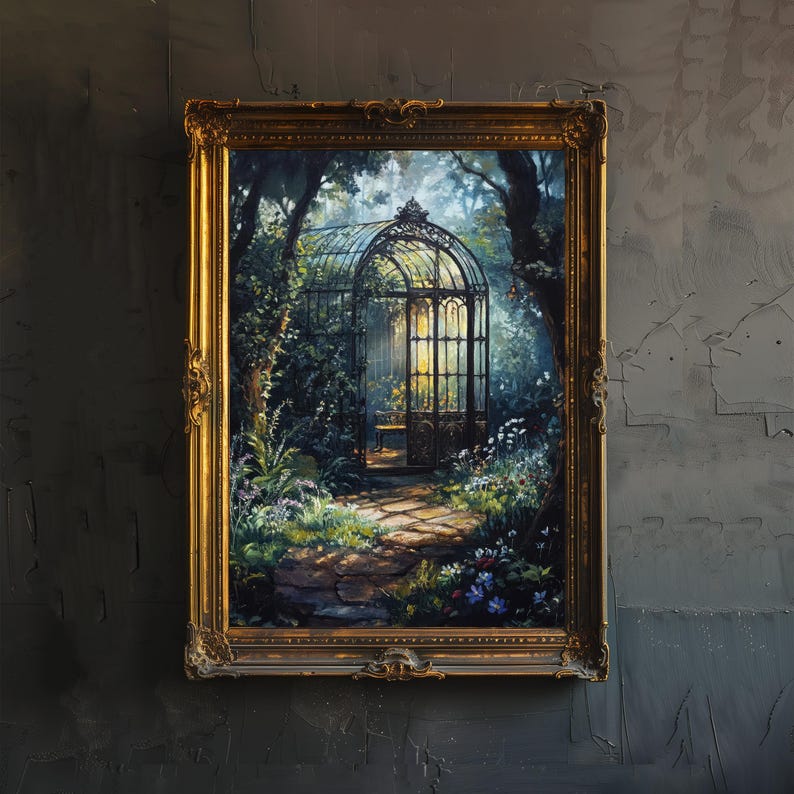 May include: A framed painting of a wrought iron greenhouse with a stone path leading to it. The greenhouse is surrounded by lush greenery and flowers. The painting is set against a dark gray background.