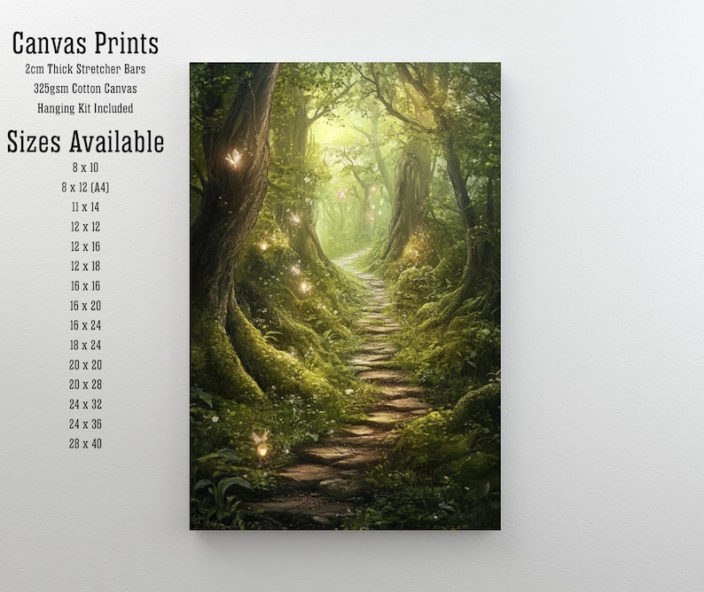 May include: A canvas print of a magical forest path with glowing lights and a stone staircase leading into the woods. The print is available in various sizes, including 8x10, 12x16, and 24x36 inches.
