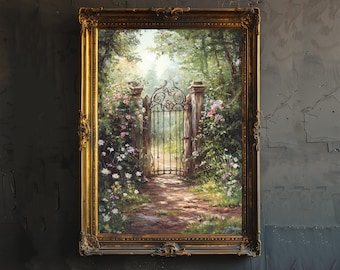 May include: A framed oil painting depicting a garden scene with a wrought iron gate leading to a path. The gate is surrounded by lush greenery and flowers in shades of pink and white.