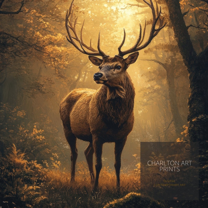 May include: A digital painting of a large, brown deer standing in a forest. The deer has large antlers and is looking to the right. The forest is filled with trees and leaves, and the light is shining through the trees.