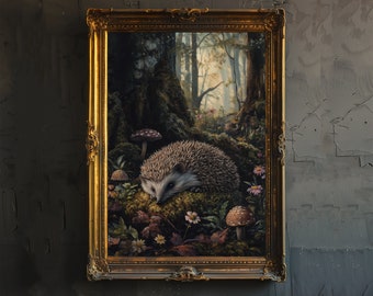 Hedgehog Cottagecore Poster Dark Academia Art Cottagecore Decor Antique Animal Illustration Woodland Hedgehog Poster Rustic Vintage Wall Art