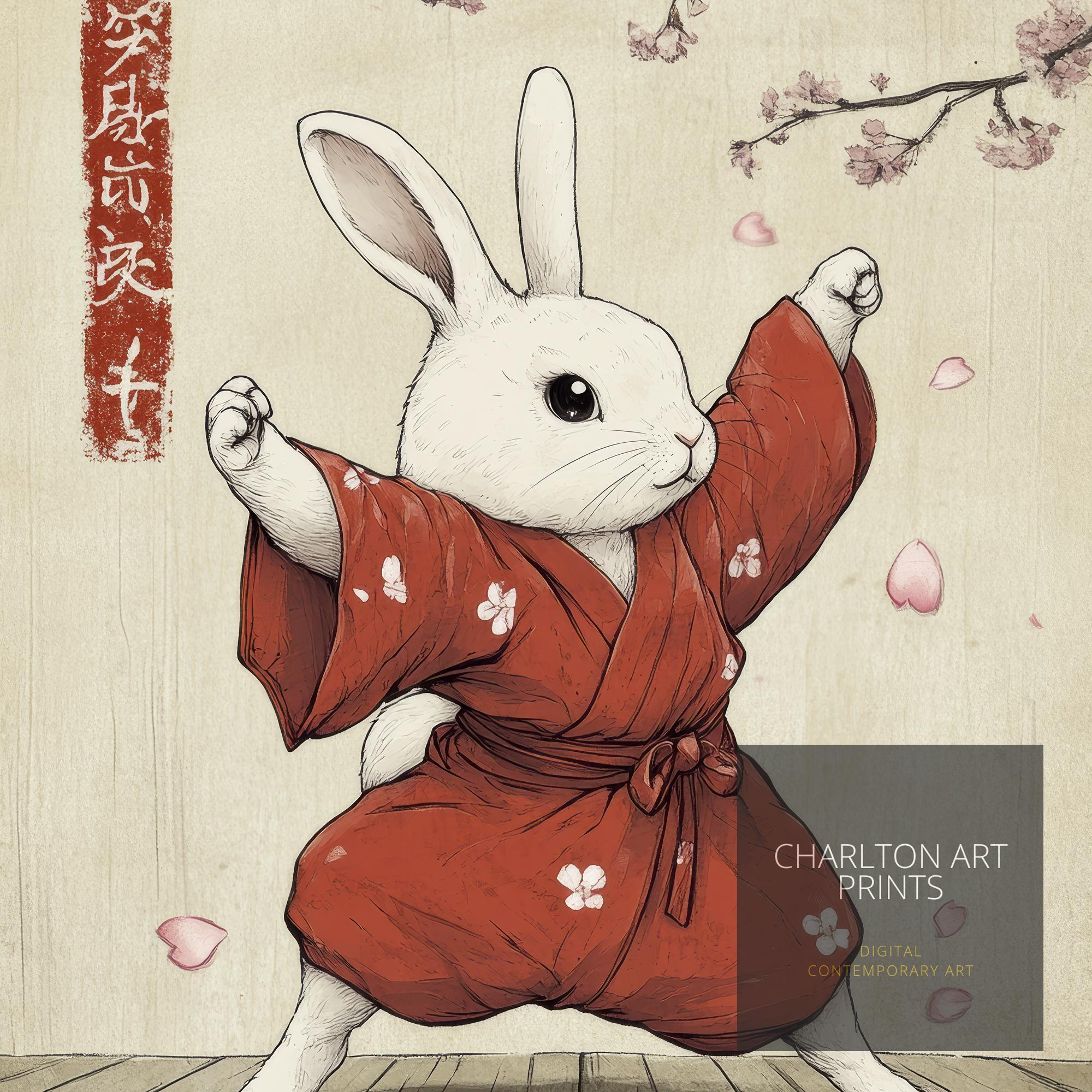 Kung Fu Rabbit Japanese Art Print Whimsical Poster Ukiyo-e Style Bunny ...