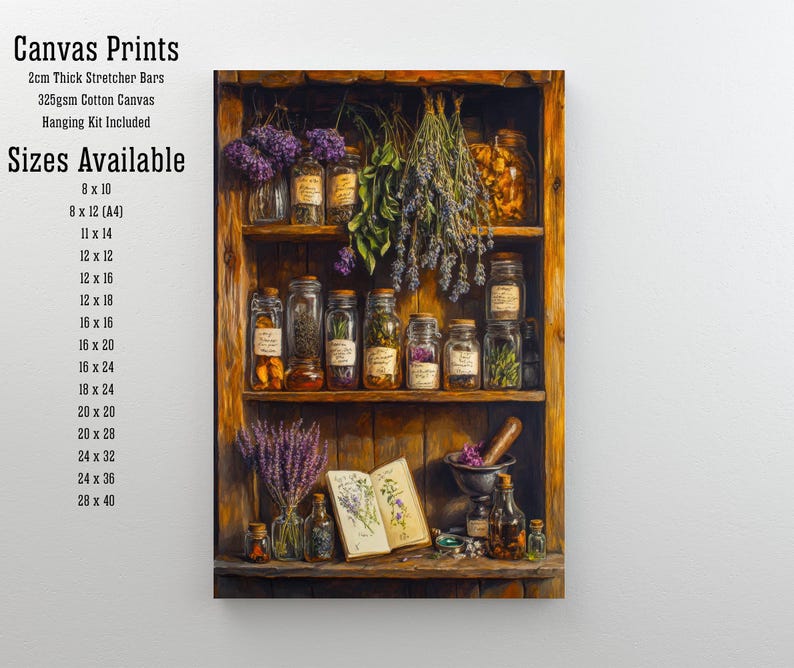 K&ouml;nnte beinhalten: Leinwanddruck eines h&ouml;lzernen Apothekerschranks mit Gl&auml;sern, getrockneten Kr&auml;utern und einem M&ouml;rser und St&ouml;&szlig;el. Der Druck enth&auml;lt den Text "Canvas Prints" und "Sizes Available" mit Gr&ouml;&szlig;enangaben in cm.