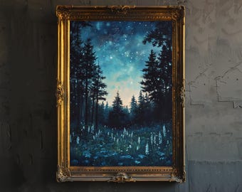 Puede incluir: Una pintura enmarcada de una escena de bosque nocturno con un cielo estrellado. Los árboles son de color verde oscuro y el cielo es de un azul profundo con estrellas blancas. Hay flores blancas en primer plano.