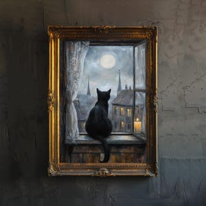 Black Cat on Windowsill Art Print Cottagecore Cozy Home Decor Whimsical Feline Wall Art