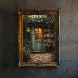 Op de afbeelding: Een winkel in vintage stijl met een groene deur en planken vol potten met kruiden en drankjes. De winkel is omgeven door weelderig groen en heeft een stenen pad dat naar de ingang leidt.